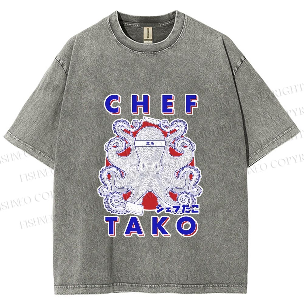Unisex Chef Octopus Printed Washed Tee