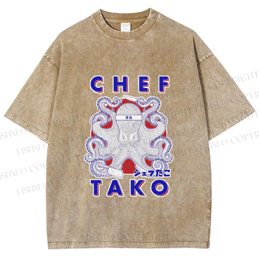 Unisex Chef Octopus Printed Washed Tee
