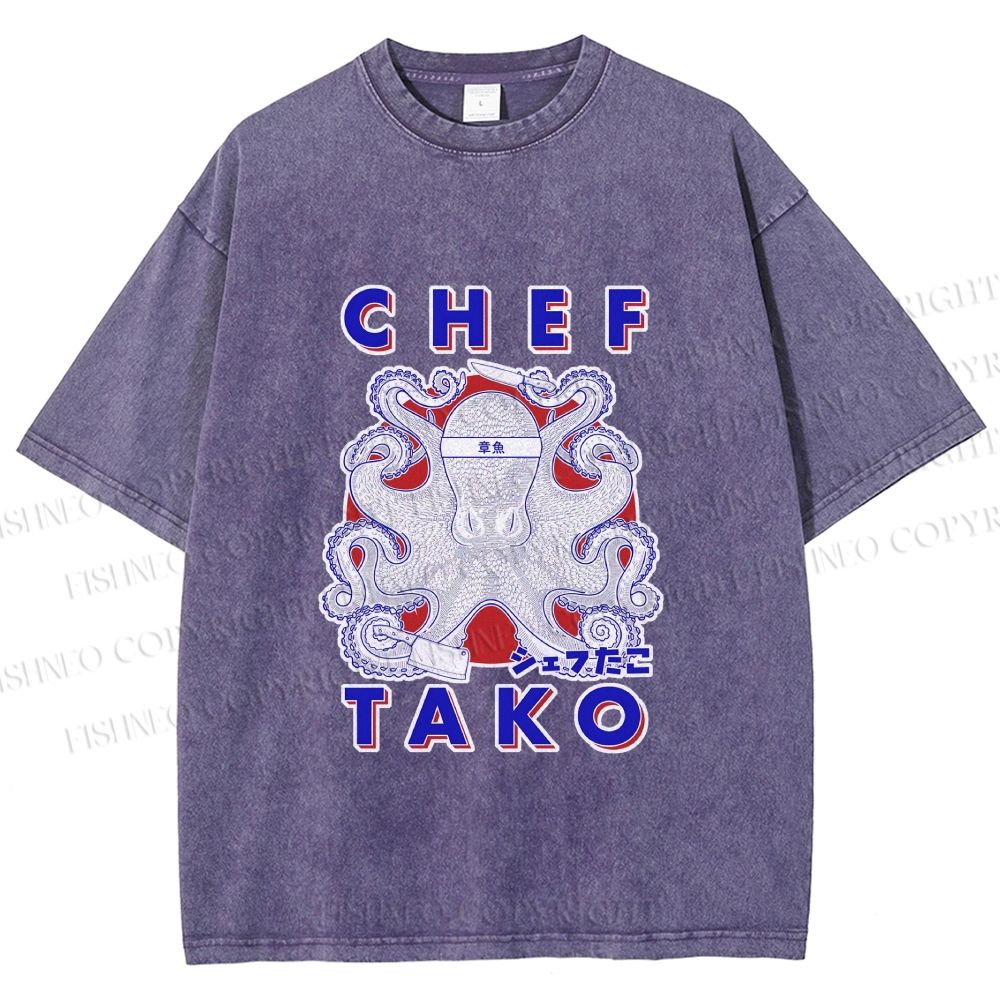 Unisex Chef Octopus Printed Washed Tee