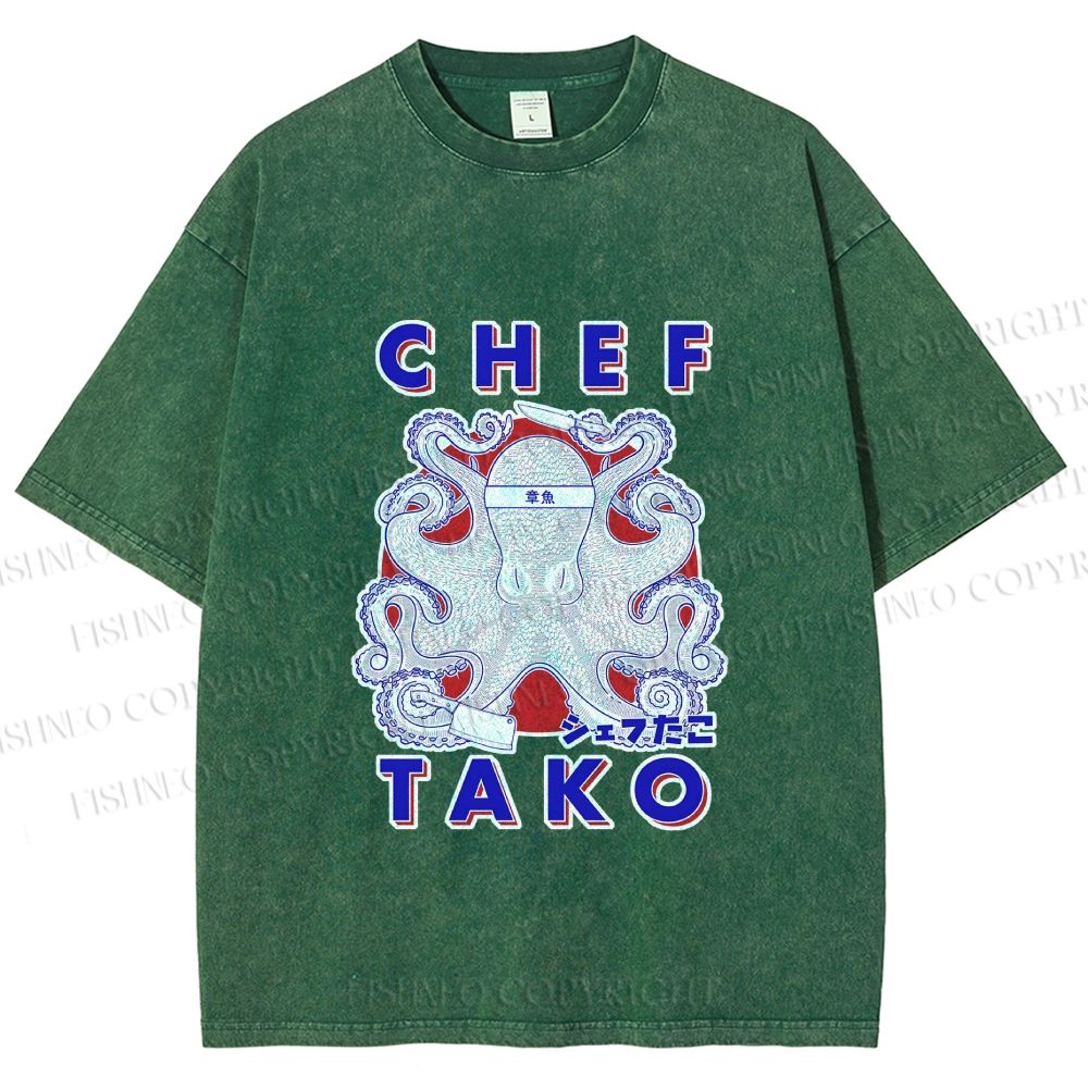 Unisex Chef Octopus Printed Washed Tee