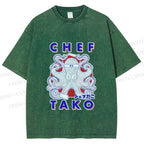 Unisex Chef Octopus Printed Washed Tee