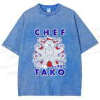 Unisex Chef Octopus Printed Washed Tee