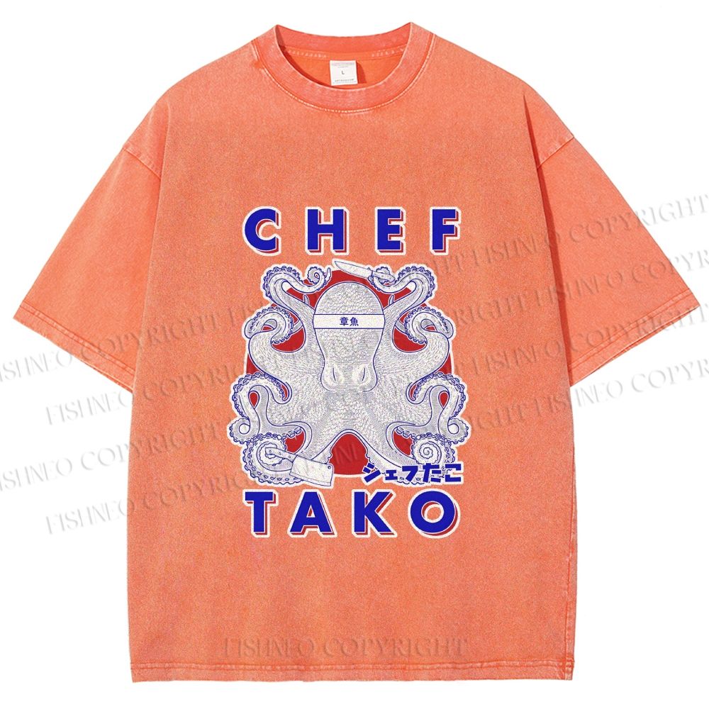 Unisex Chef Octopus Printed Washed Tee