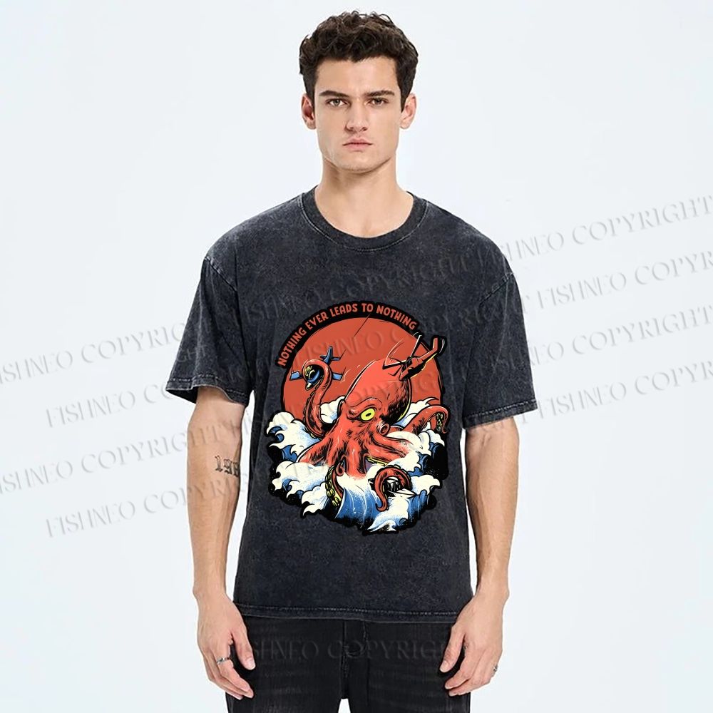 Unisex Octopus in Wave Printed Washed Tee