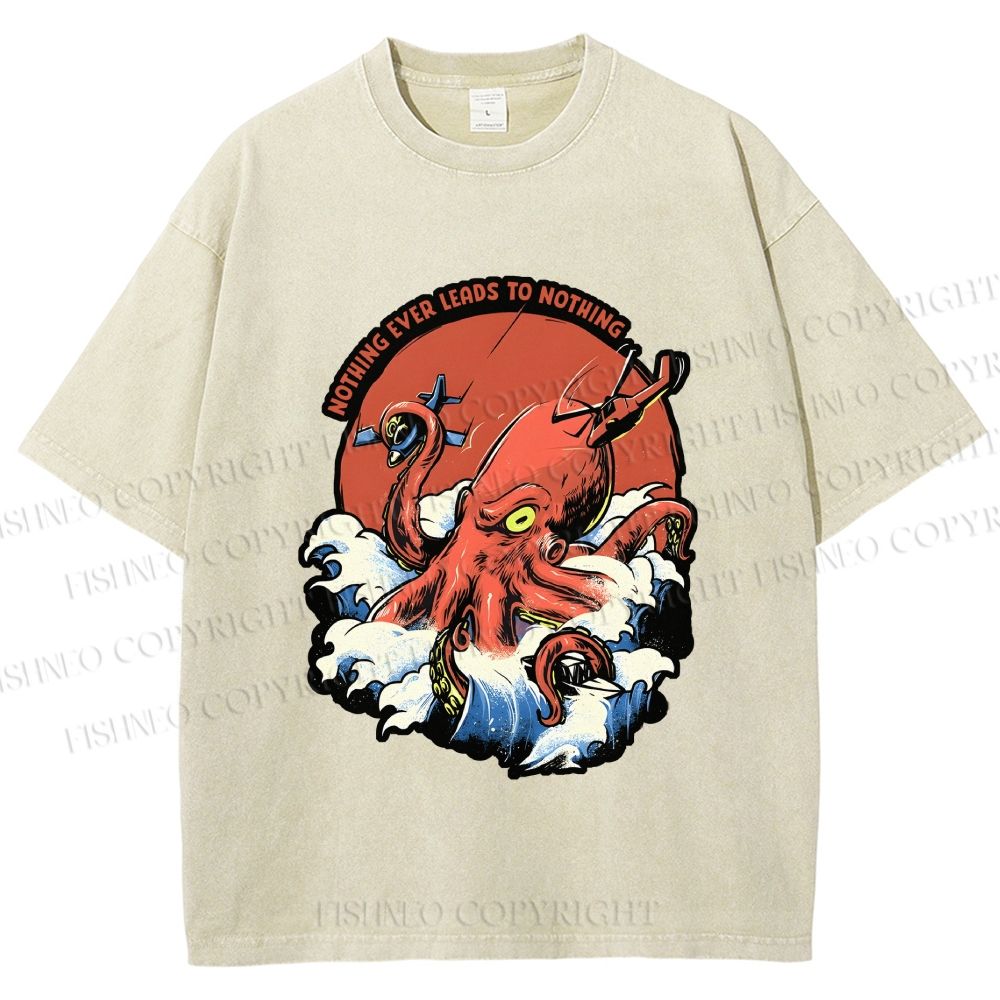 Unisex Octopus in Wave Printed Washed Tee