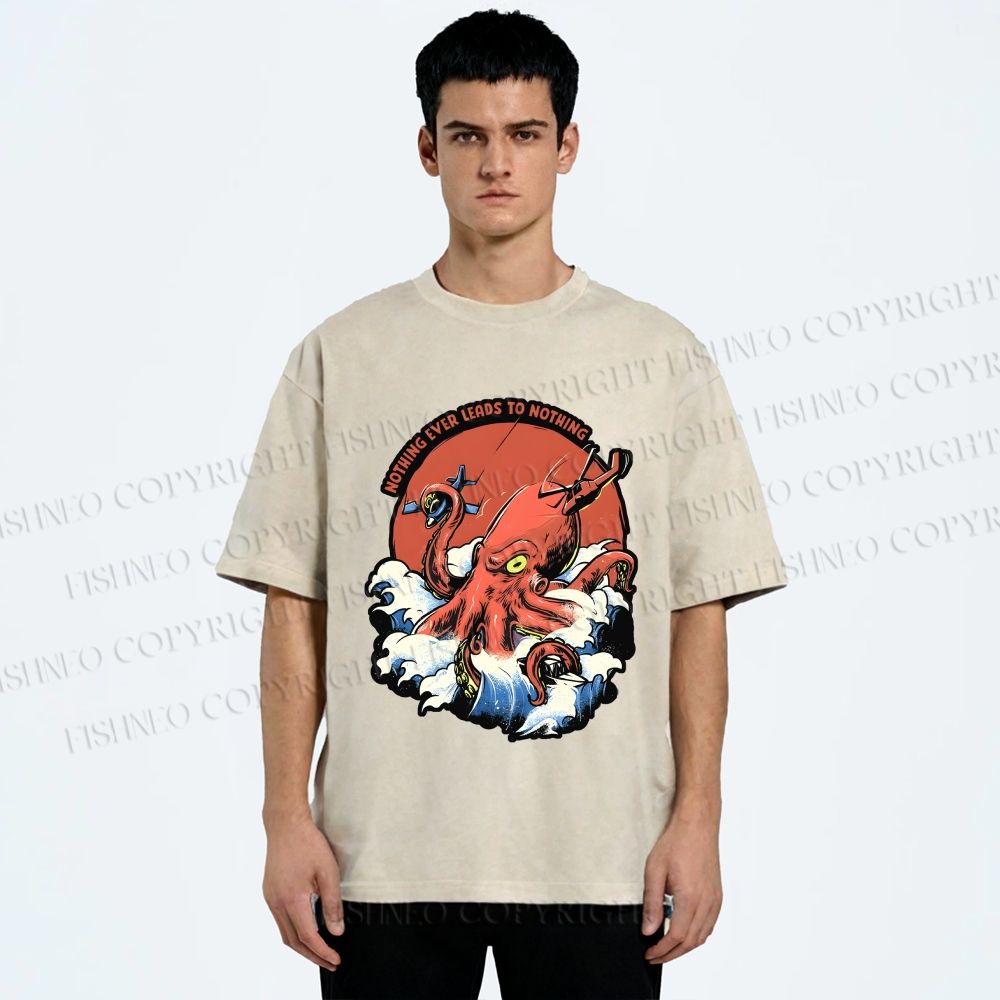 Unisex Octopus in Wave Printed Washed Tee