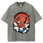 Unisex Octopus in Wave Printed Washed Tee