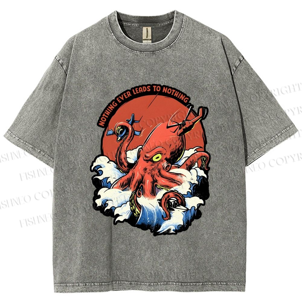 Unisex Octopus in Wave Printed Washed Tee