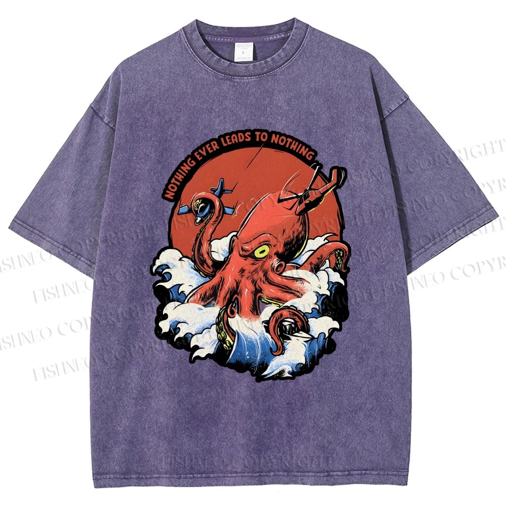 Unisex Octopus in Wave Printed Washed Tee