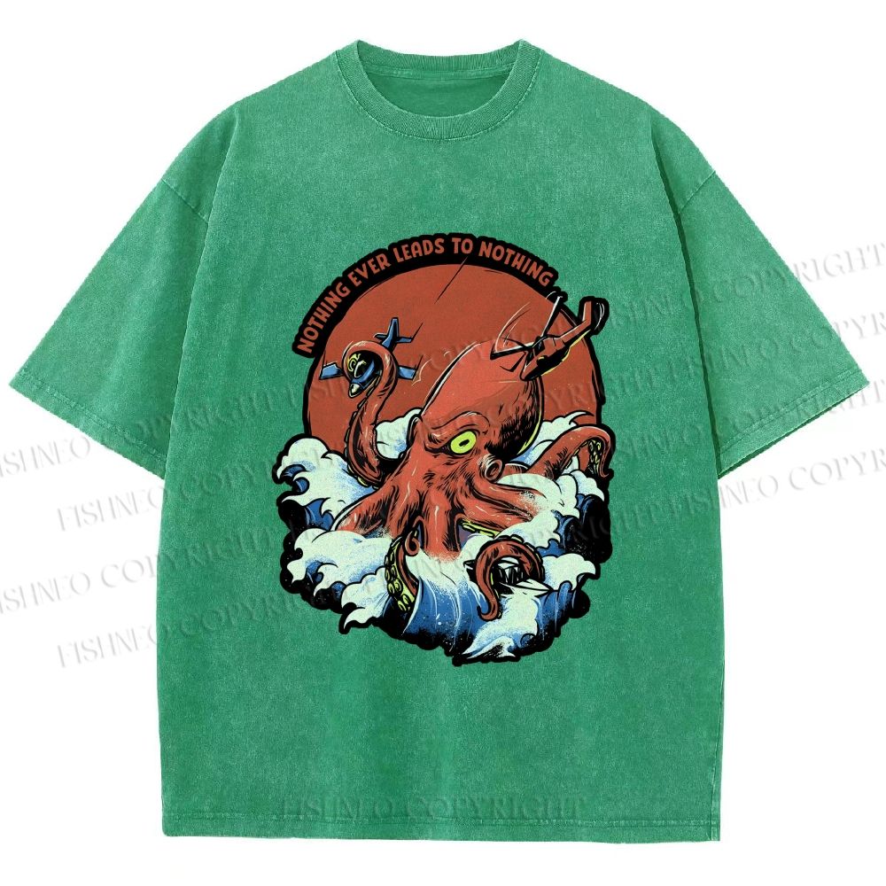 Unisex Octopus in Wave Printed Washed Tee