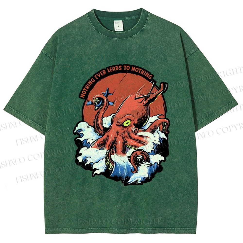 Unisex Octopus in Wave Printed Washed Tee
