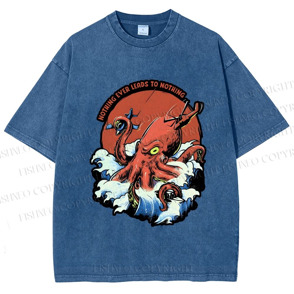 Unisex Octopus in Wave Printed Washed Tee