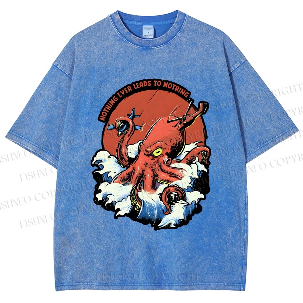 Unisex Octopus in Wave Printed Washed Tee
