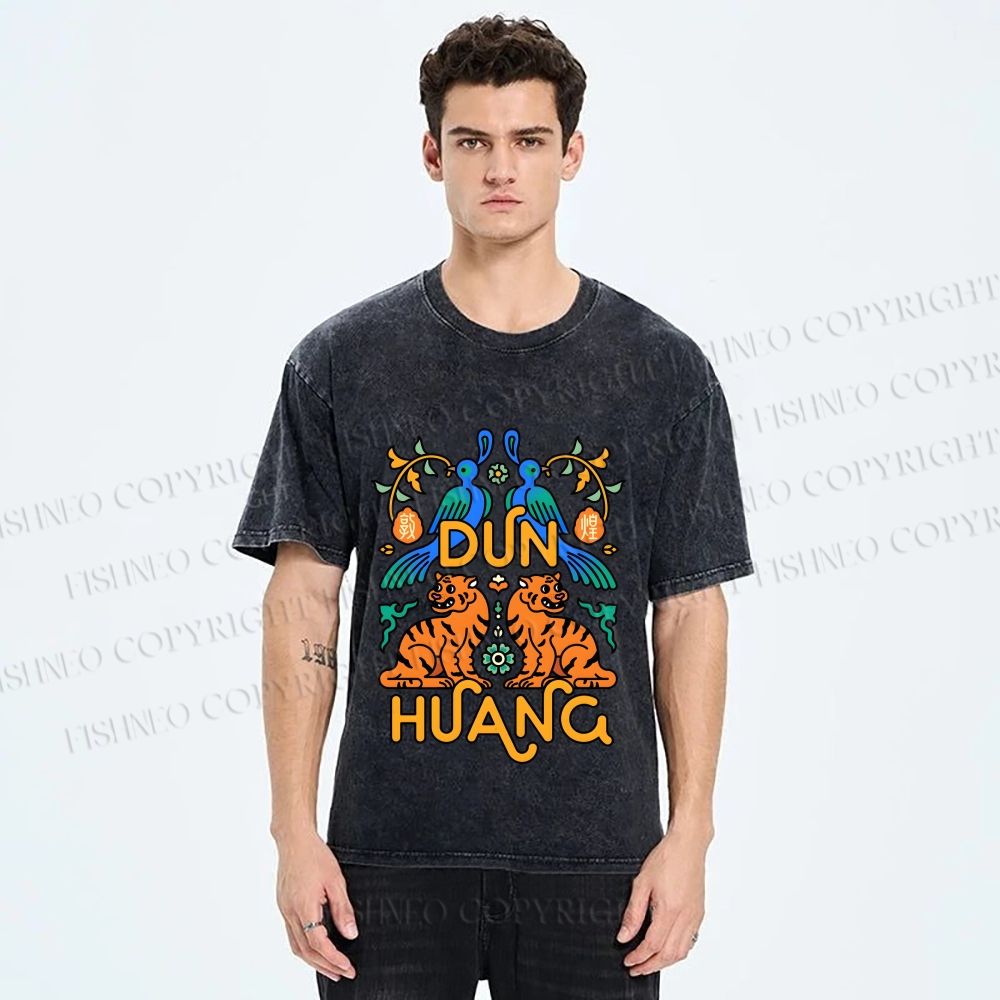 Unisex Tiger With Birds Printed Washed Tee