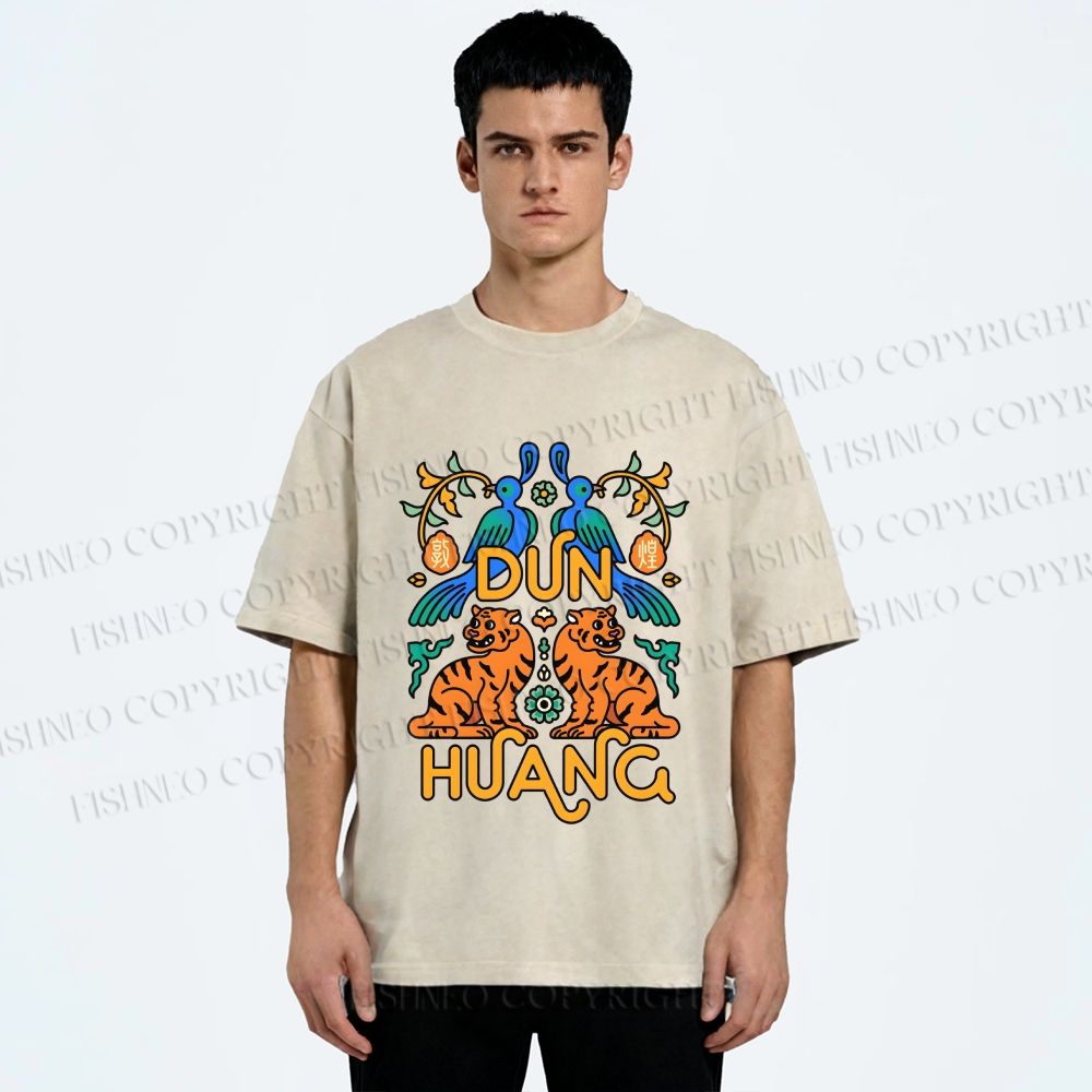 Unisex Tiger With Birds Printed Washed Tee