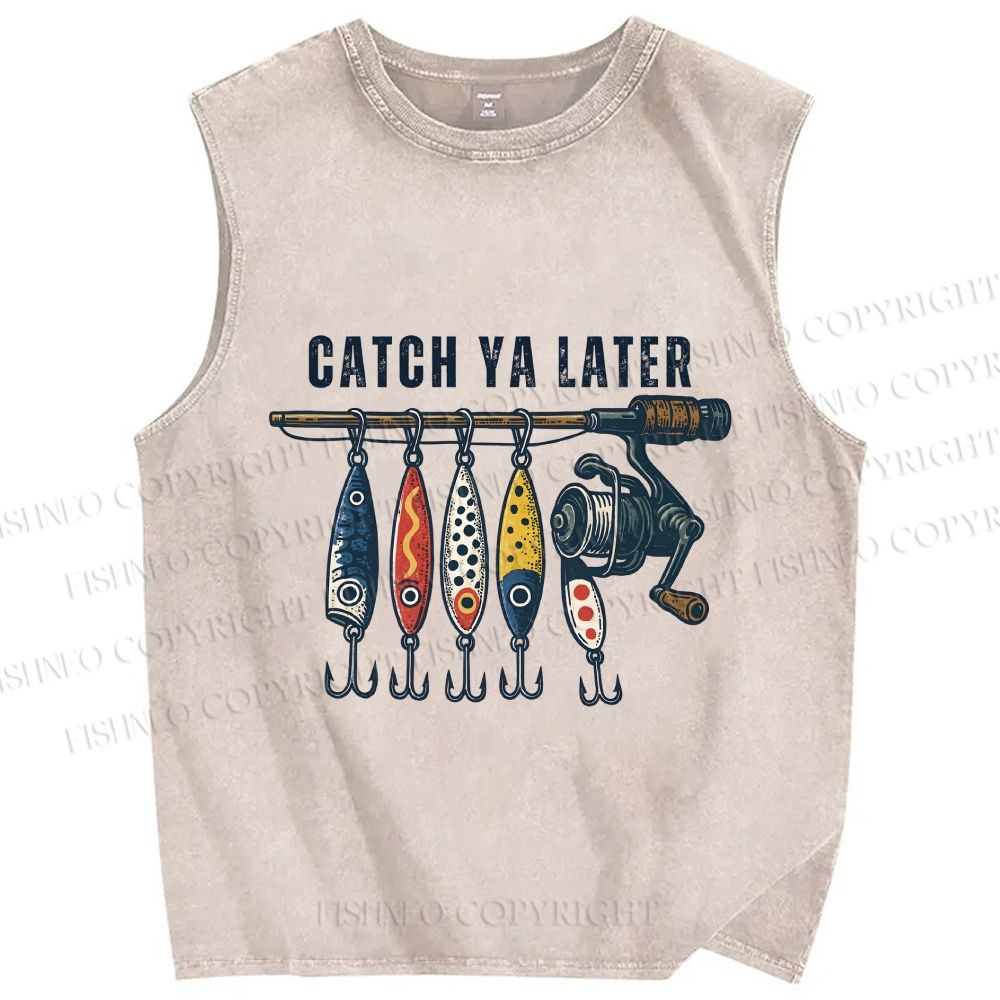 Unisex Catch Ya Later Fishhook Printed Washed Tank Top