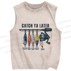 Unisex Catch Ya Later Fishhook Printed Washed Tank Top