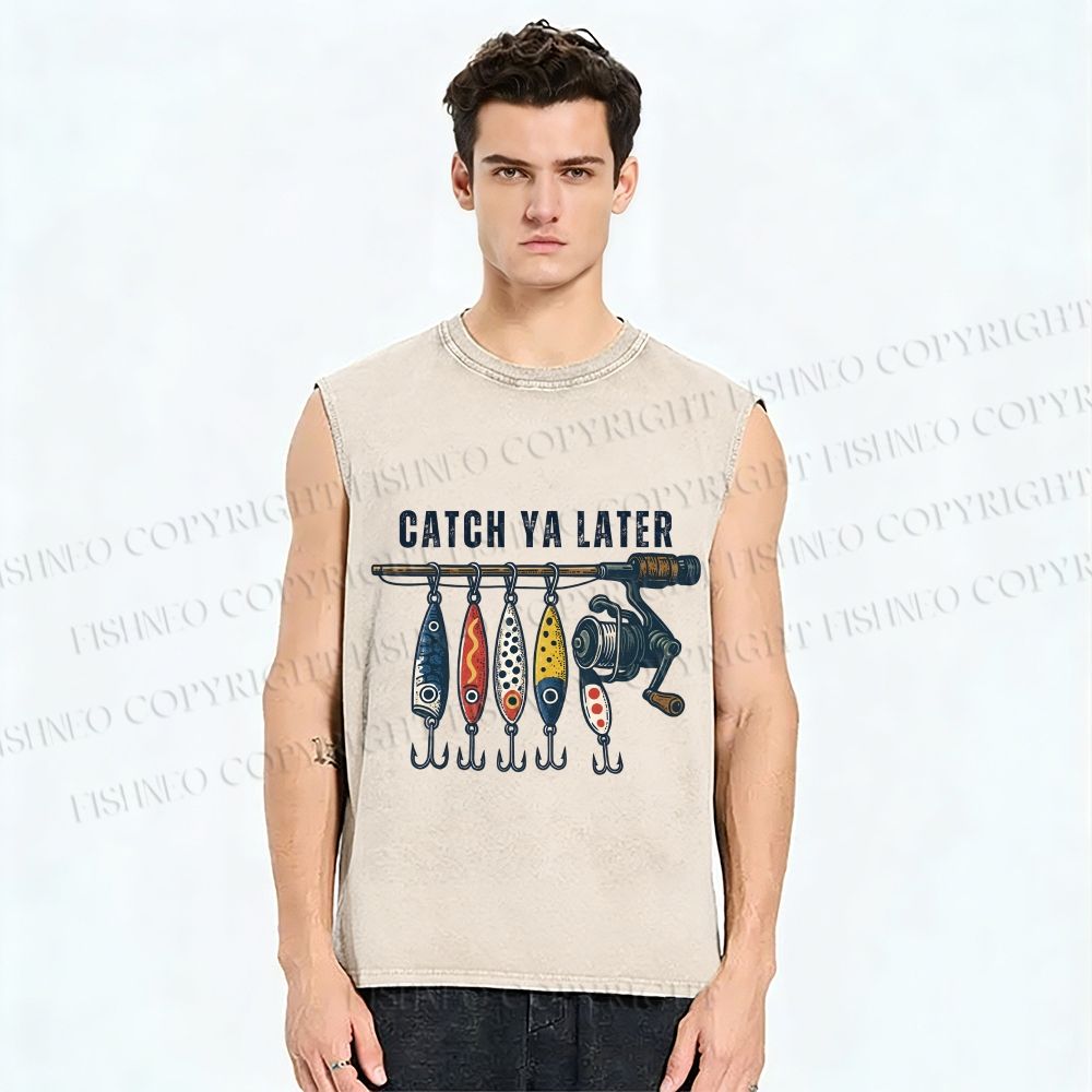 Unisex Catch Ya Later Fishhook Printed Washed Tank Top