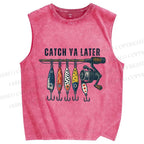 Unisex Catch Ya Later Fishhook Printed Washed Tank Top