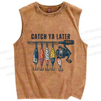 Unisex Catch Ya Later Fishhook Printed Washed Tank Top
