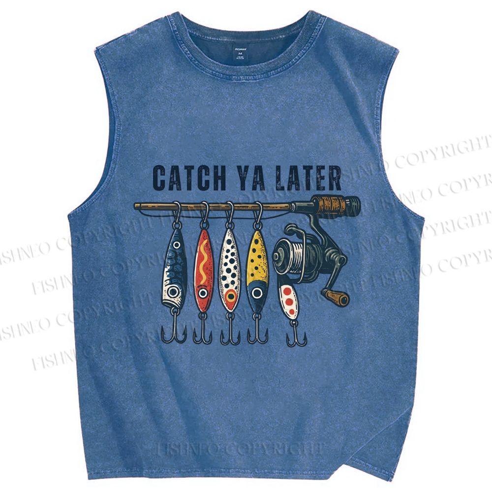 Unisex Catch Ya Later Fishhook Printed Washed Tank Top