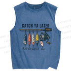 Unisex Catch Ya Later Fishhook Printed Washed Tank Top