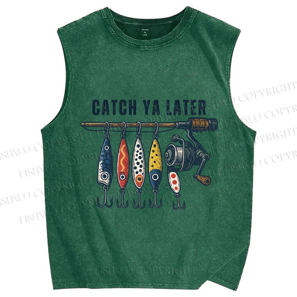 Unisex Catch Ya Later Fishhook Printed Washed Tank Top