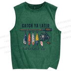Unisex Catch Ya Later Fishhook Printed Washed Tank Top