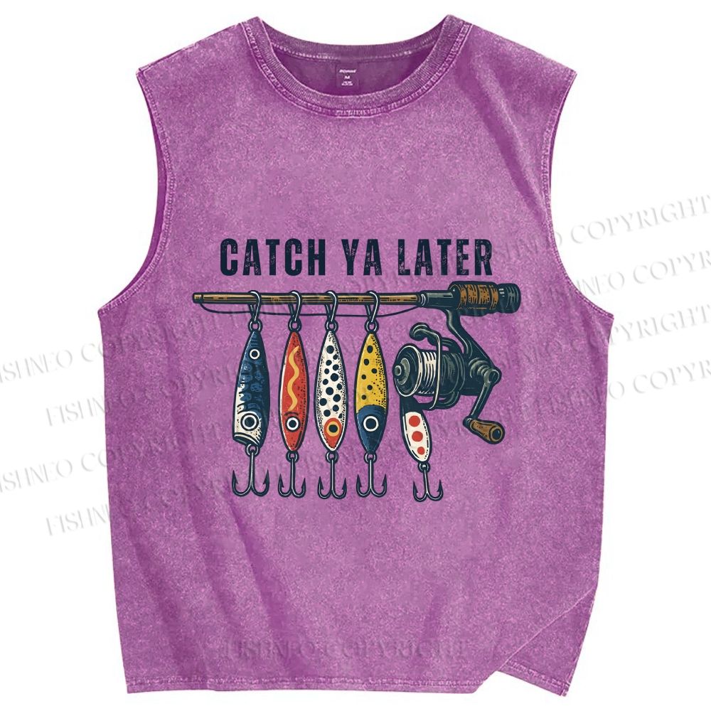 Unisex Catch Ya Later Fishhook Printed Washed Tank Top