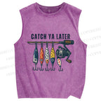 Unisex Catch Ya Later Fishhook Printed Washed Tank Top