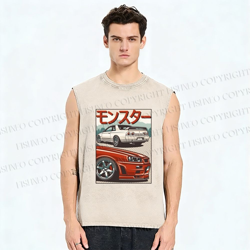 Unisex Monster Skyline GTR R32 & R34 Printed Washed Tank Top