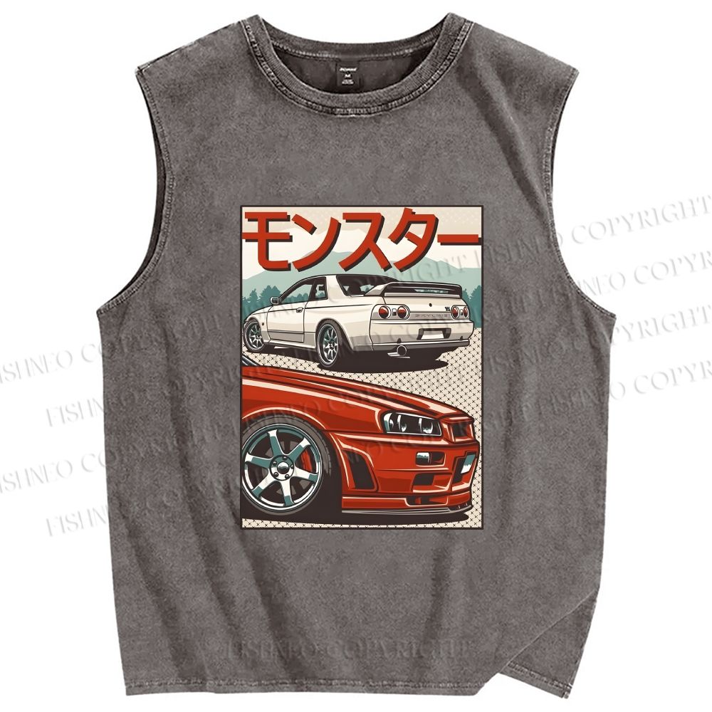 Unisex Monster Skyline GTR R32 & R34 Printed Washed Tank Top