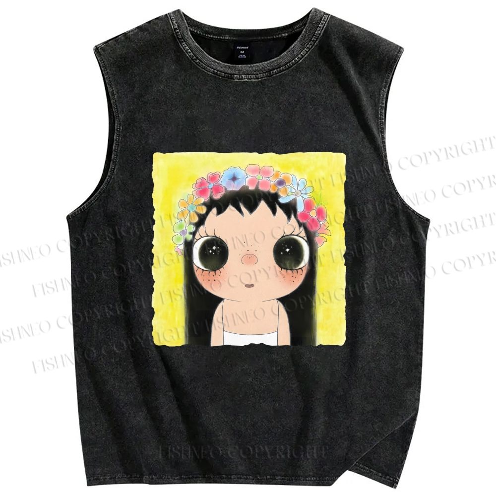 Unisex Yuy With Flower Wreath on Head Printed Washed Tank Top