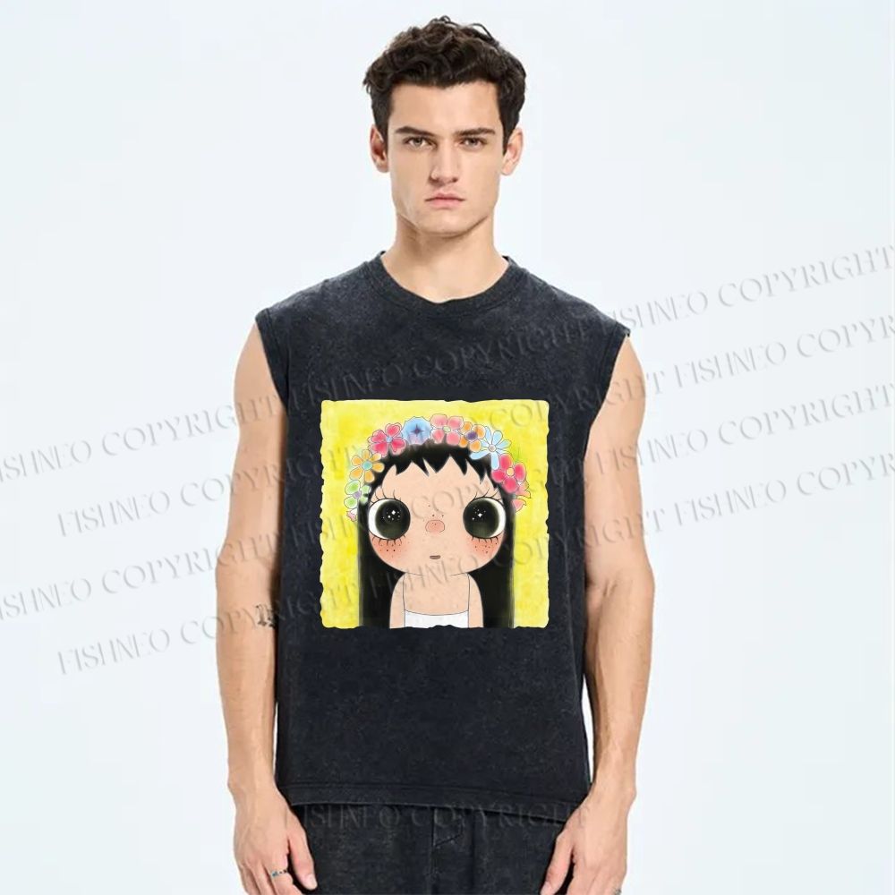 Unisex Yuy With Flower Wreath on Head Printed Washed Tank Top