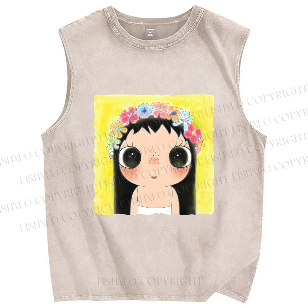 Unisex Yuy With Flower Wreath on Head Printed Washed Tank Top