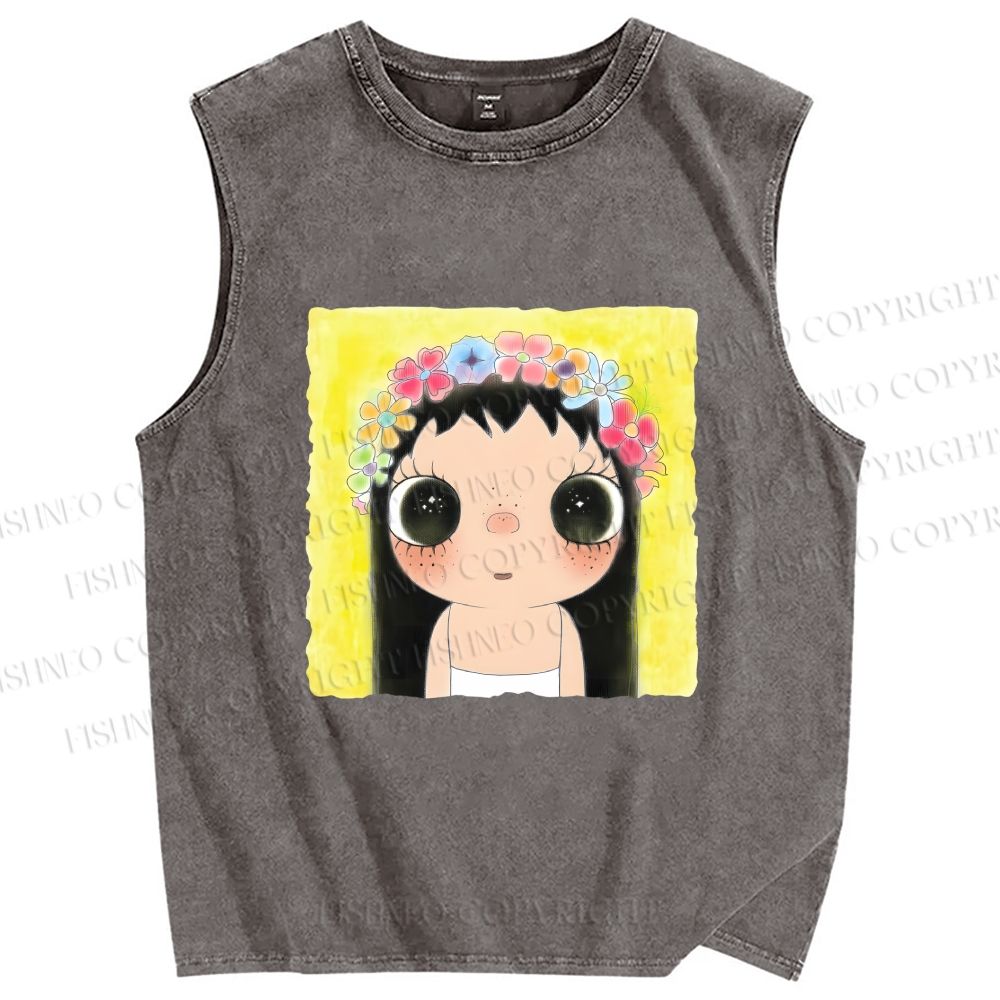 Unisex Yuy With Flower Wreath on Head Printed Washed Tank Top