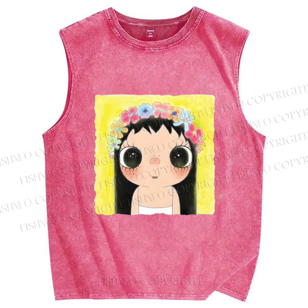 Unisex Yuy With Flower Wreath on Head Printed Washed Tank Top