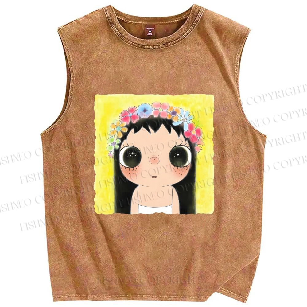 Unisex Yuy With Flower Wreath on Head Printed Washed Tank Top
