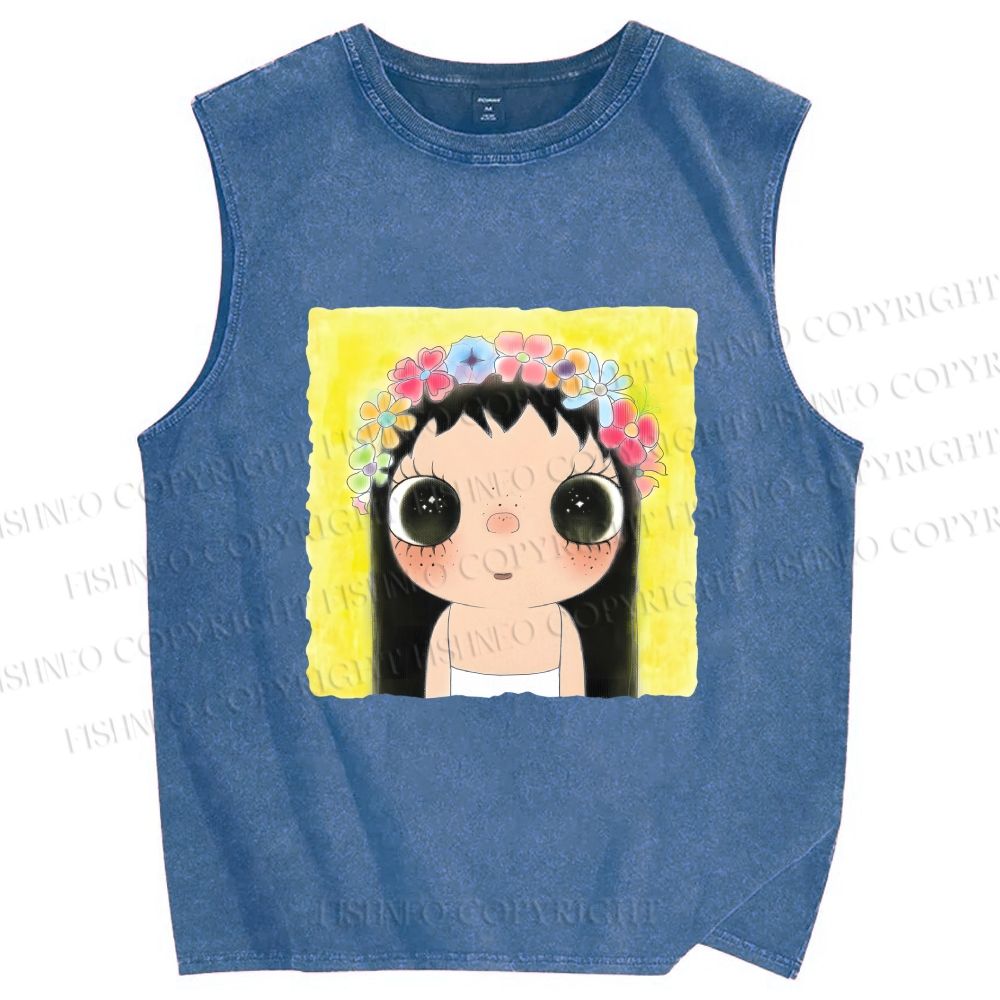 Unisex Yuy With Flower Wreath on Head Printed Washed Tank Top