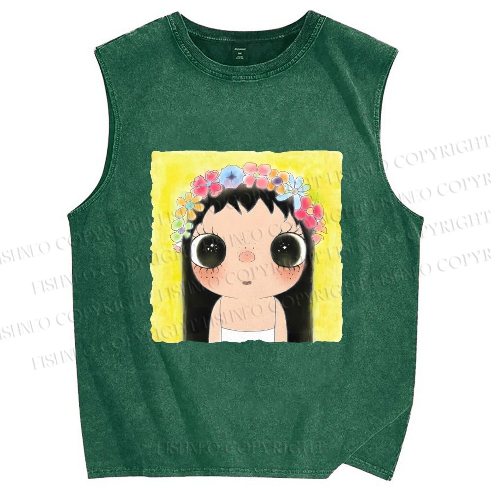 Unisex Yuy With Flower Wreath on Head Printed Washed Tank Top