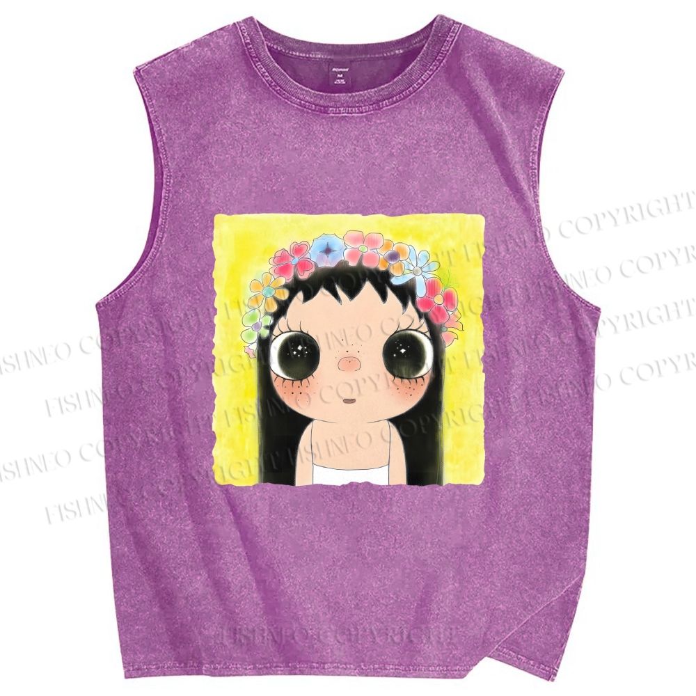 Unisex Yuy With Flower Wreath on Head Printed Washed Tank Top
