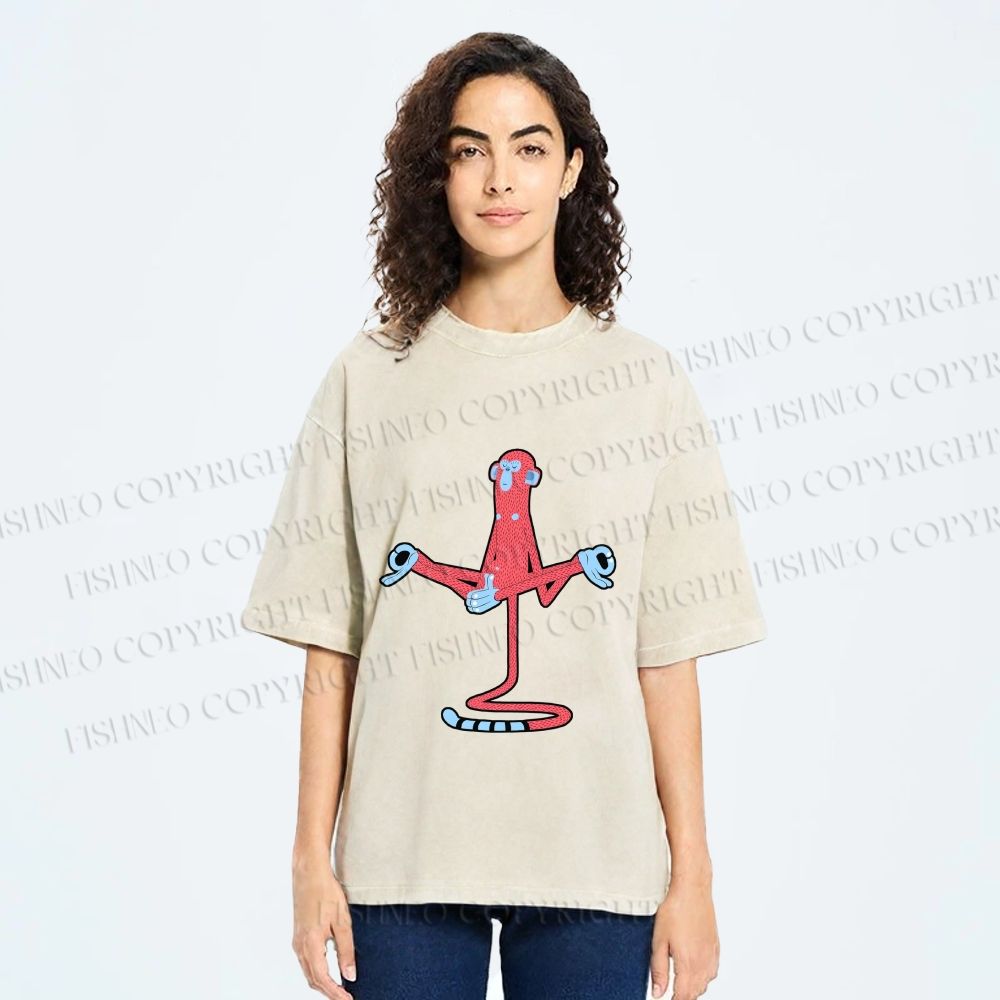 Unisex Red Monkey Tailstand Printed Washed Tee
