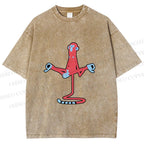 Unisex Red Monkey Tailstand Printed Washed Tee