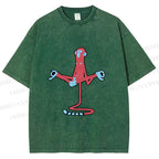 Unisex Red Monkey Tailstand Printed Washed Tee