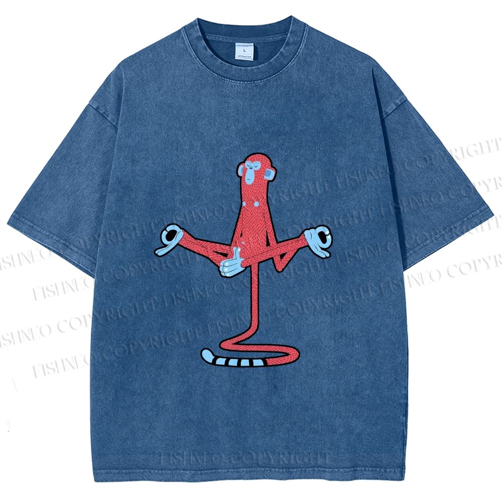 Unisex Red Monkey Tailstand Printed Washed Tee