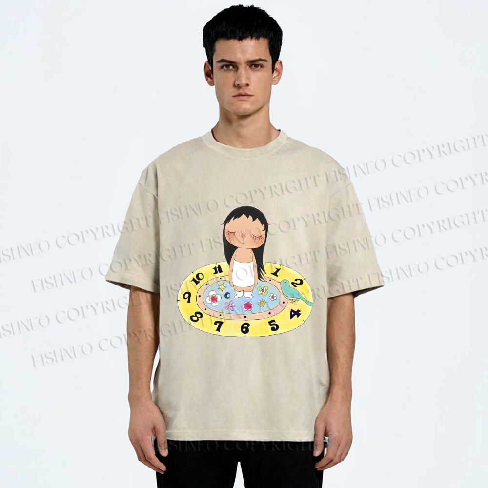 Unisex Yuy Standing on Clock Printed Washed Tee