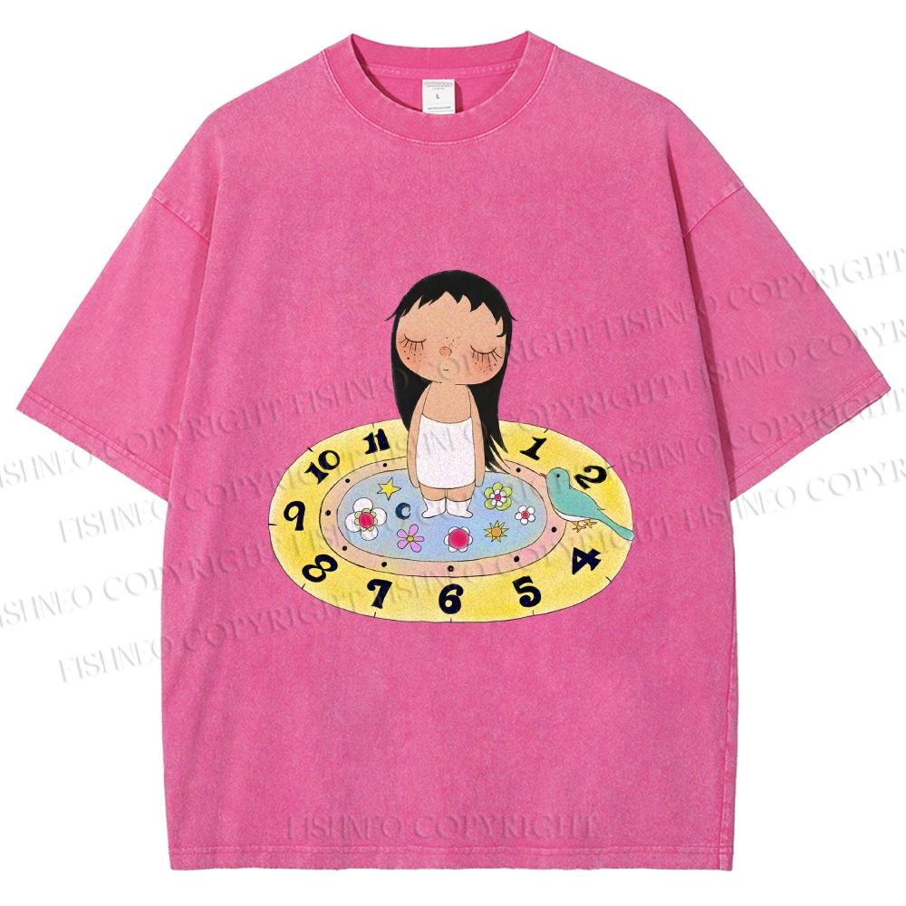 Unisex Yuy Standing on Clock Printed Washed Tee