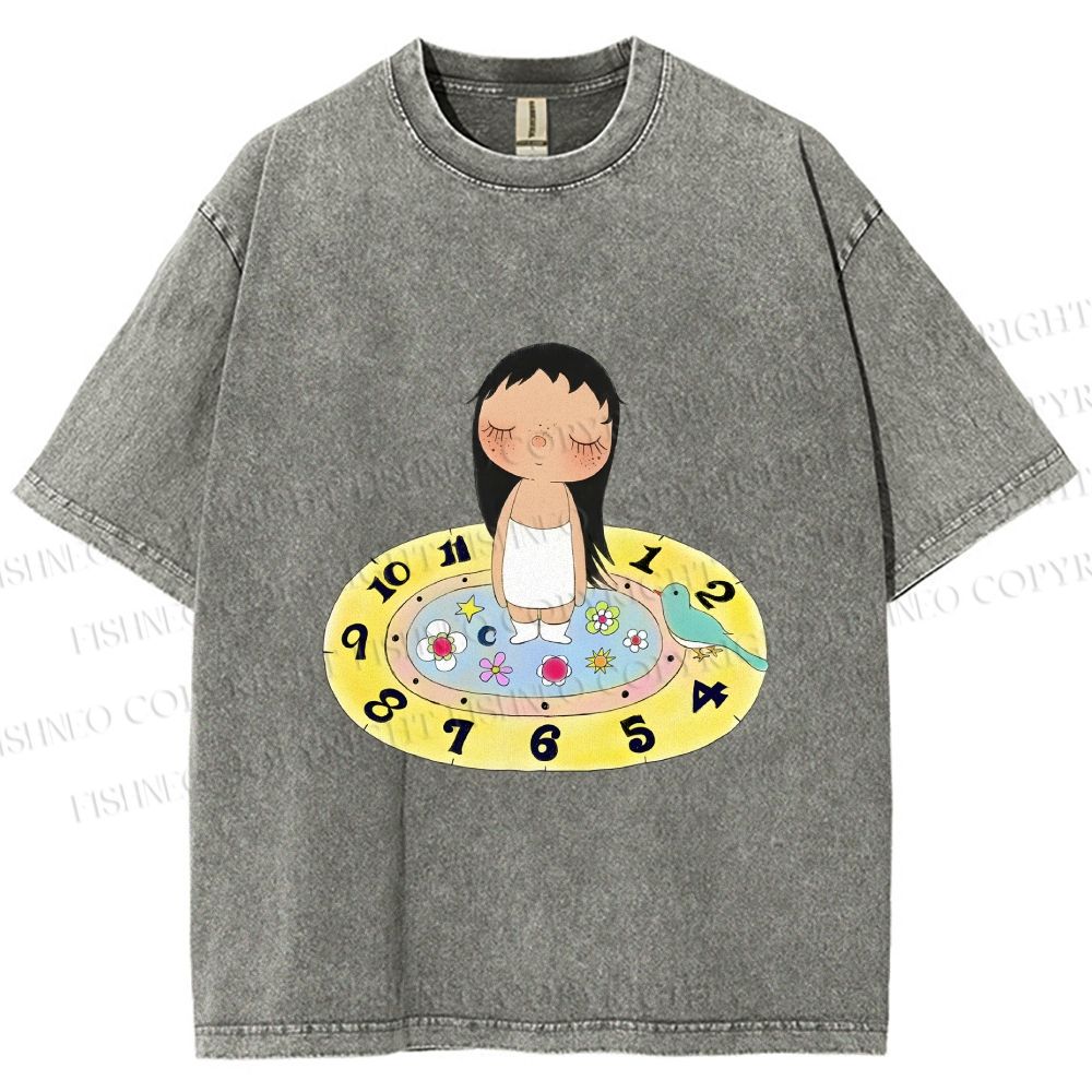 Unisex Yuy Standing on Clock Printed Washed Tee