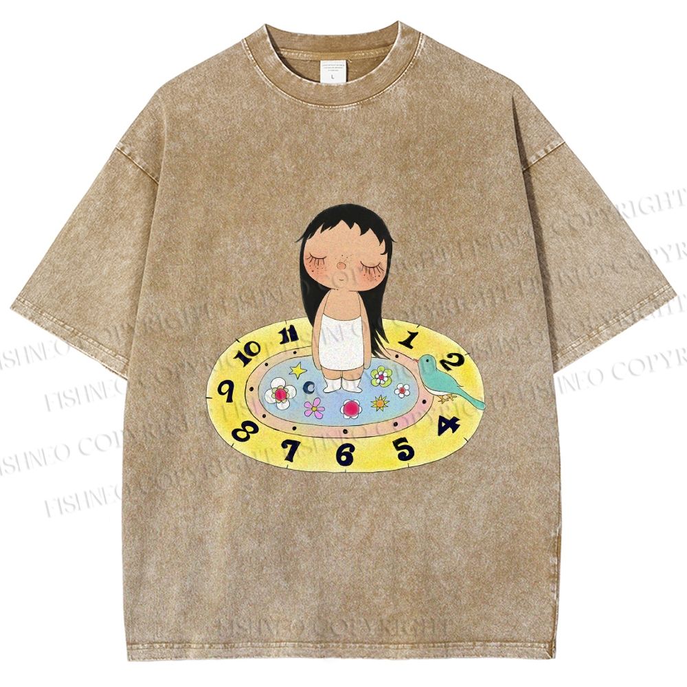 Unisex Yuy Standing on Clock Printed Washed Tee
