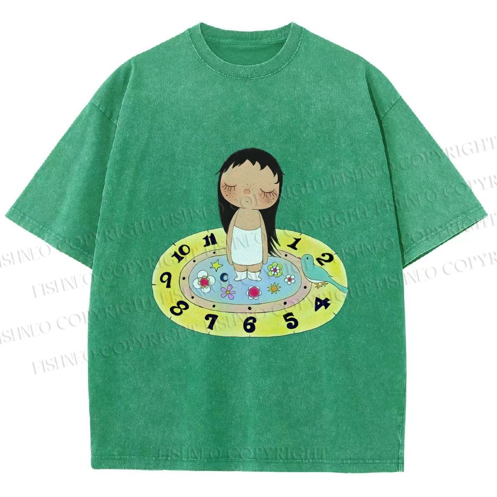 Unisex Yuy Standing on Clock Printed Washed Tee